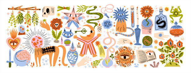 Esotericism, witchcraft and alchemy. Whimsical cute hand drawn vector mystical illustration with magical creatures, character, plant, potions, star and symbols. Boho folk art elements for witchy decor