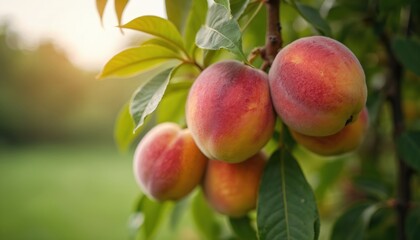 Obraz premium Ripe peaches hang on branch with green leaves at sunny day. Peach harvest ready. Fresh fruit is full of vitamins. Fruit growing and agriculture business in summer.