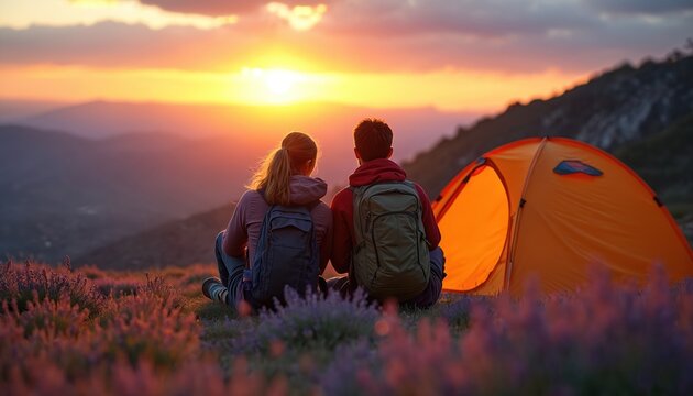 Couple with backpacks sits in purple flower field watching vivid orange sunset over distant mountain range. Orange tent nearby. Friends enjoy romantic camping trip, beautiful nature view. Travelers