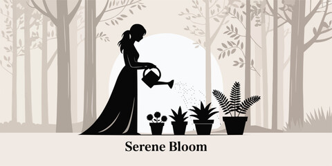 Woman Watering Plants in a Garden Setting