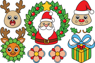 Festive santa reindeer wreath gift and holly vector illustration for christmas celebration isolated on transparent background