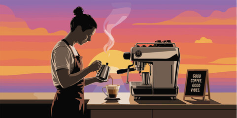 Barista making latte at colorful sunrise