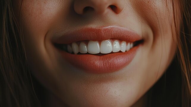 Close-up view of a young woman's smile with bright, healthy teeth in natural light, showcasing confidence and joy in a casual setting