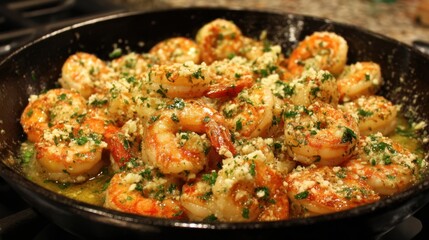 Fototapeta premium A pan of shrimp with garlic and parsley is sitting on a stove. The shrimp are cooked and ready to be served