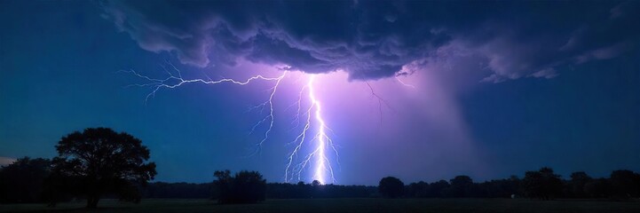 Dramatic Lightning Storm over Silhouetted Landscape A Breathtaking Night Scene of Natures Raw Power