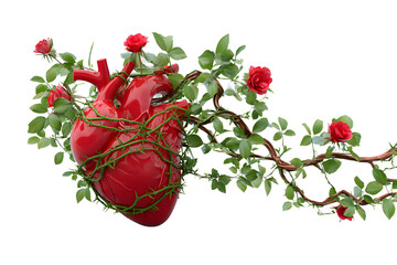 Human heart in wild rose bushes on transparent background for designers, marketers and IT. Popular abstraction, background, illustration, object, symbol, texture. Flowers, natural space for text.
