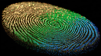 Luminescent fingerprint on black background, close-up. Digital identification concept