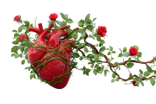 Human heart in wild rose bushes on transparent background for designers, marketers and IT. Popular abstraction, background, illustration, object, symbol, texture. Flowers, natural space for text. - Powered by Adobe
