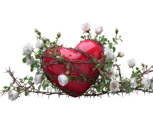 Human heart in wild rose bushes on transparent background for designers, marketers and IT. Popular abstraction, background, illustration, object, symbol, texture. Flowers, natural space for text.