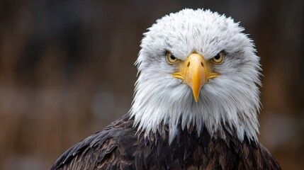 Obraz premium A bald eagle with its head held high and looking directly at the camera. The bird's eyes are wide open and its beak is pointed forward. Concept of strength and power