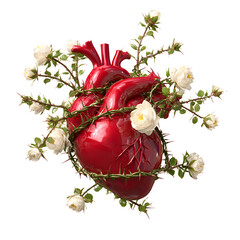 Human heart in wild rose bushes on transparent background for designers, marketers and IT. Popular abstraction, background, illustration, object, symbol, texture. Flowers, natural space for text.