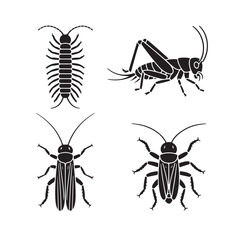 Insect Silhouettes Centipede, Cricket, Cockroach, Beetle