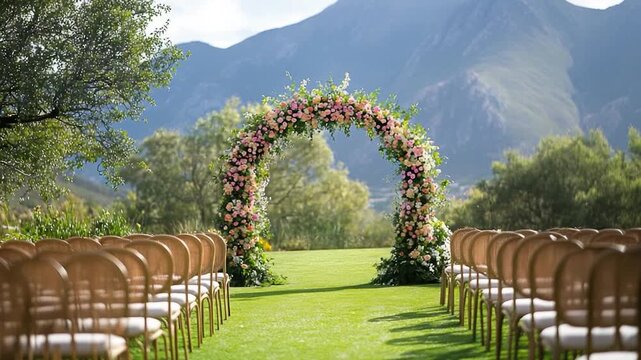 Rows of chairs facing a majestic mountain backdrop, great for event or conference use