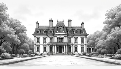 Black, white line art drawing shows grand european manor house. Classic architecture building stands in formal landscaped park. Elegant estate exterior with many details, symmetry. Luxury home with