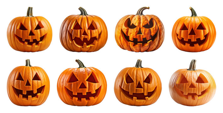PNG Carved pumpkins with spooky faces, element set on transparent background