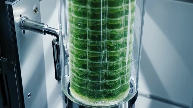 Close up of a glass photobioreactor with bubbling green microalgae culture moving through an automated system, representing renewable energy research and advanced biotechnology in a laboratory