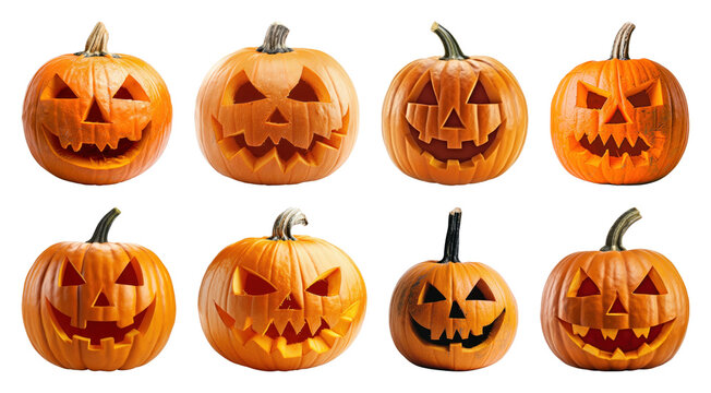 PNG Carved pumpkins with spooky faces, element set on transparent background