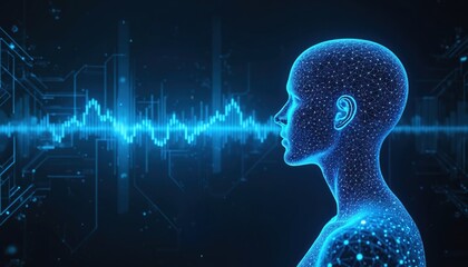 Digital human head profile with bright blue sound wave audio visualization. Futuristic AI technology, voice recognition, data analysis, and digital interface.