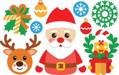 Fototapeta premium Festive christmas collection vector illustration with santa claus reindeer and ornaments eps scalable isolated on transparent background