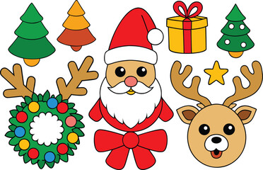 Festive christmas vector collection featuring santa claus reindeer and wreath for seasonal design isolated on transparent background