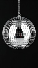 Shiny disco ball hanging on a chain against a black background