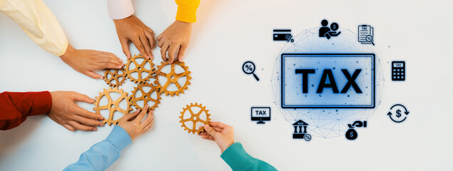A creative representation of teamwork in tax-related processes, featuring hands handling gears alongside graphical finance elements, symbolizing collaboration and strategy in business. Trope