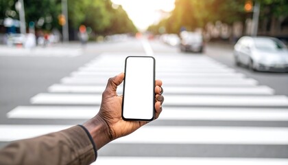 A hand holds a phone, in front of a city street