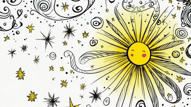 A simple black and white drawing of a flower surrounded by stars