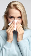 Woman blowing nose with tissue