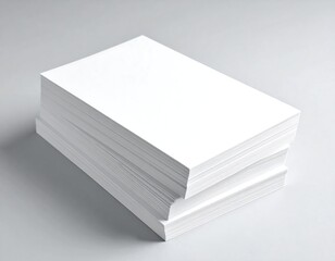 A stack of blank white sheets of paper rests on a light gray surface.  The paper is smooth and uniform, creating a clean, simple aesthetic