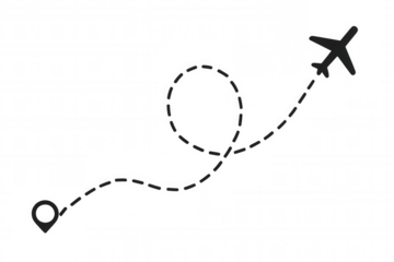 Airplane tracking path from starting point to destination. Air travel route with dash line, ideal for trip planning
