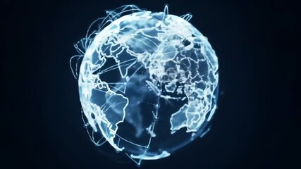 Futuristic digital Earth globe slowly rotating with glowing network connection lines on a dark background - Powered by Adobe