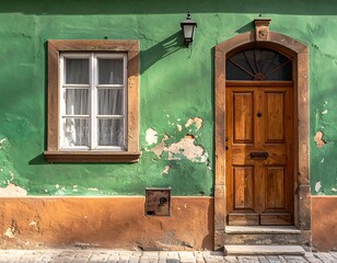 Old-world facade with weathered green paint