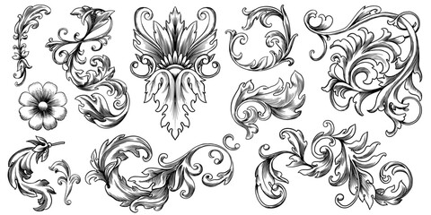 Vintage Baroque or renaissance hand drawn Victorian set of ornament floral elements engraved retro flower decorative design heraldic swirls. 
