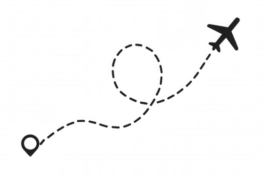 Airplane tracking path from starting point to destination. Air travel route with dash line, ideal for trip planning