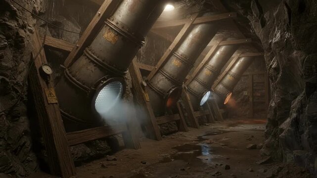 Medium shot capturing natural flow ventilation shafts utilizing pressure differences to circulate fresh air in deep mining areas.