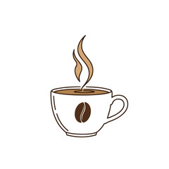 Minimalist Line Art Vector Illustration of a Steaming Hot Coffee Cup with Coffee Bean Icon
