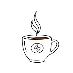 Minimalist Hand-Drawn Hot Coffee Cup with Steam and Coffee Beans Vector Illustration