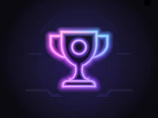 Obraz premium Glowing neon trophy icon on a dark background symbolizing victory and achievement