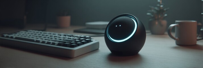 Smart Home Device Sits Next to a Keyboard and Cup, Dimly Lit Room With a Plant on the Desk, Enhancing Modern Workspace Ambiance