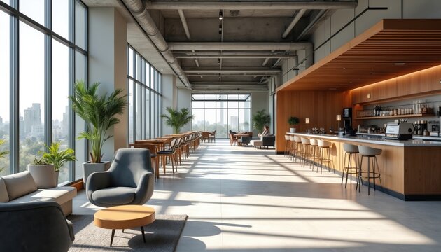 Modern break area with comfortable seating lounge chairs, coffee bar. Sleek decor designed for relaxation. Large windows provide natural light, city view. Tables, stools for casual dining. Person - Powered by Adobe