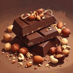Dark chocolate bar stacked high, surrounded by nuts