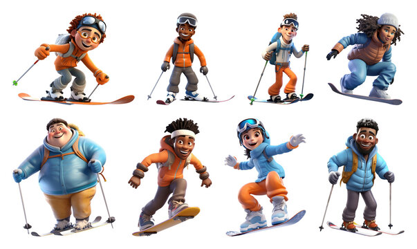 PNG Animated skiers enjoying winter sports, element set on transparent background
