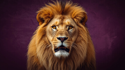 Lion head portrait on a purple background