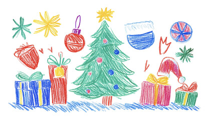 Christmas vector crayon illustration. Tree, presents, decorations, hat, festive seasonal elements in hand drawn colored pencil style collection