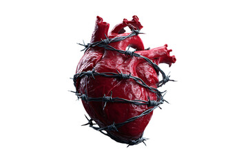 Human heart surrounded by barbed wire on an transparent background for designers, marketers and IT. Popular abstraction, background, illustration, object, symbol, texture, human body, health.