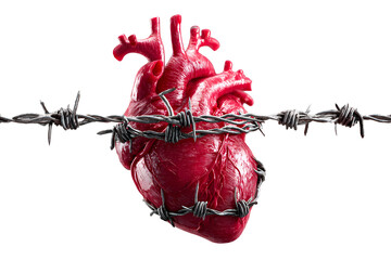 Human heart surrounded by barbed wire on an transparent background for designers, marketers and IT. Popular abstraction, background, illustration, object, symbol, texture, human body, health.