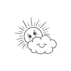  Cute cartoon sun wiht cloud. Funny sun character isolated on white background. Coloring. Vector illustrations 