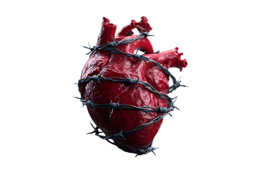 Human heart surrounded by barbed wire on an transparent background for designers, marketers and IT. Popular abstraction, background, illustration, object, symbol, texture, human body, health. - Powered by Adobe
