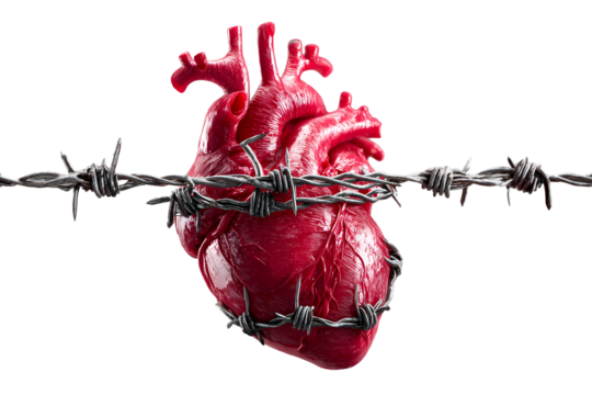 Human heart surrounded by barbed wire on an transparent background for designers, marketers and IT. Popular abstraction, background, illustration, object, symbol, texture, human body, health.
